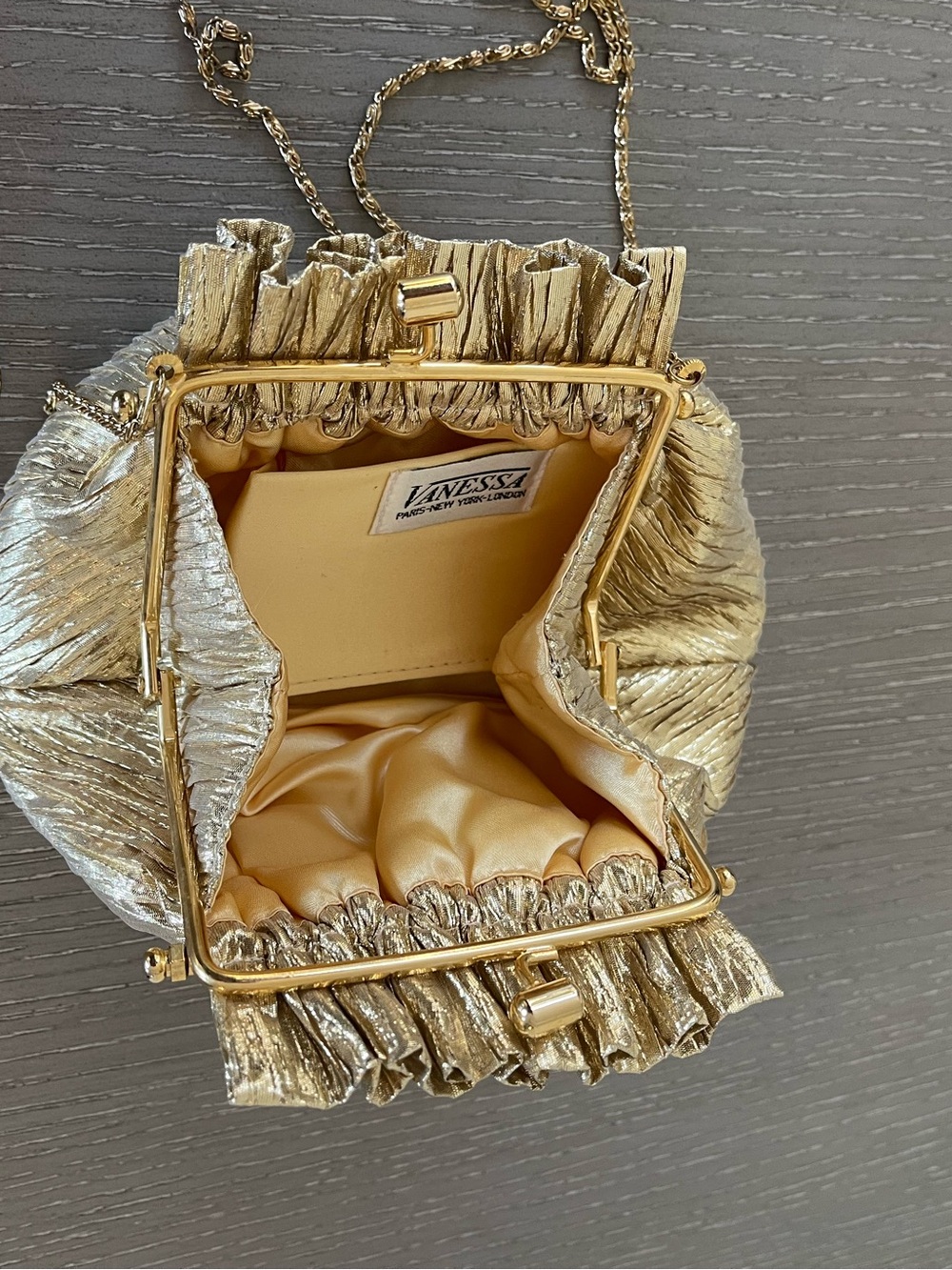 Gold Metallic Ruched Drawstring Wristlet with Chain Strap - Picture 5 of 11